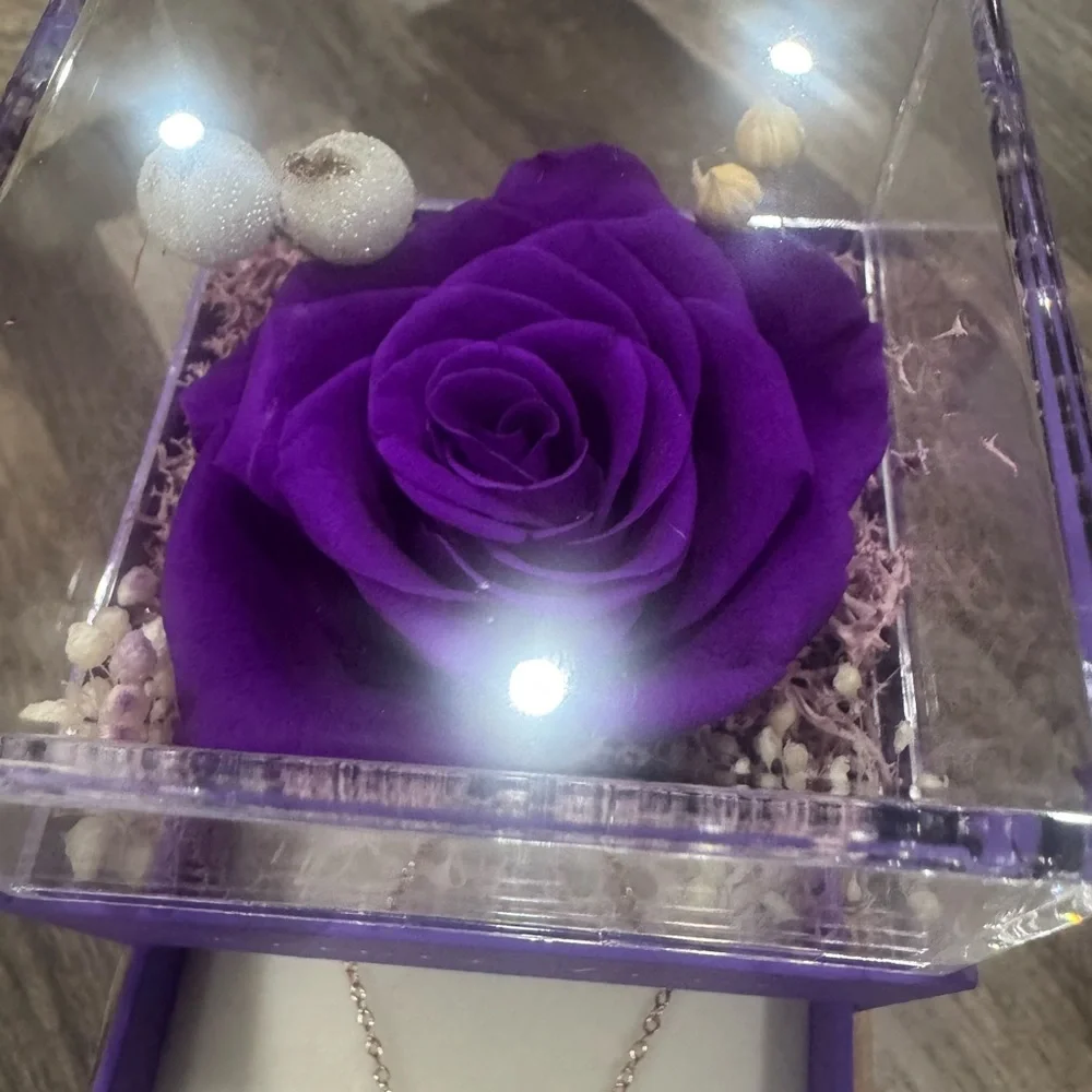 Rose Gold Heart Necklace with Real Purple Rose - Picture 3 of 4